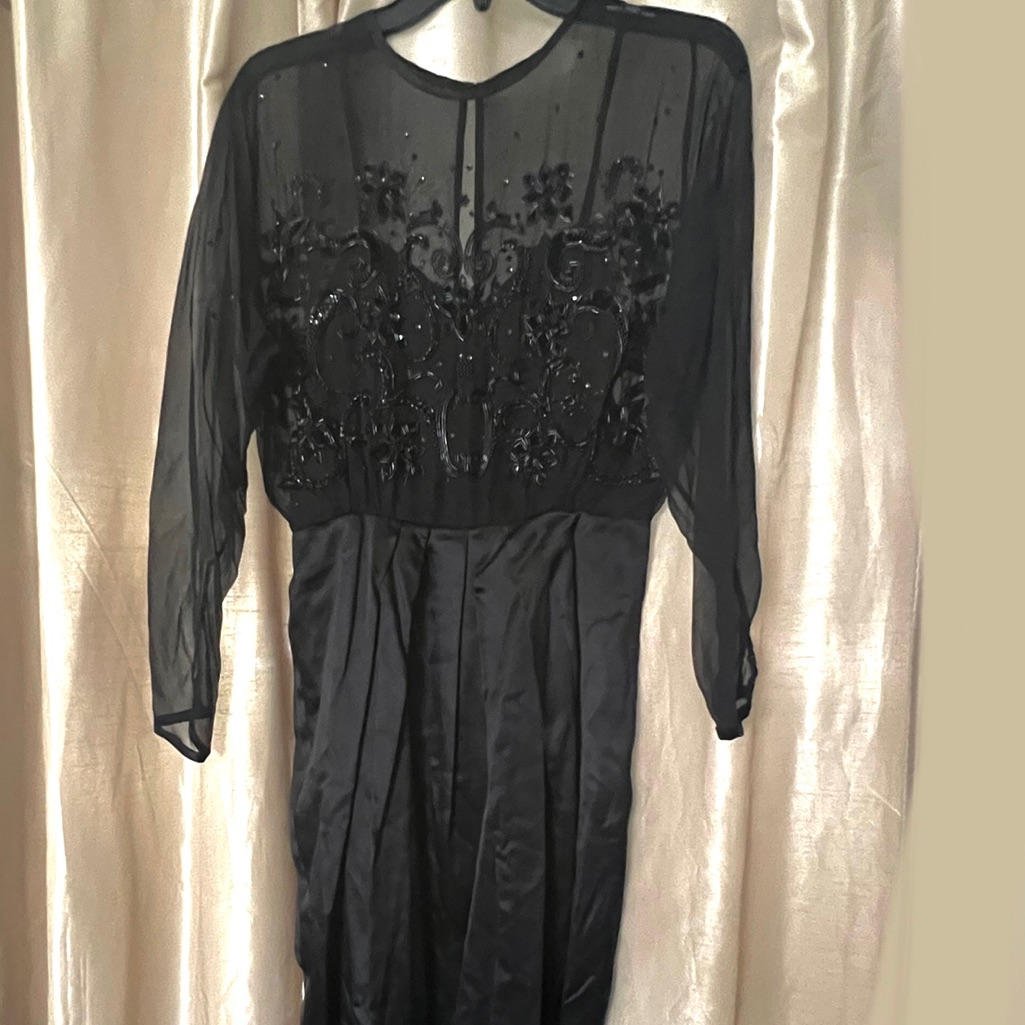 Hand Beaded 100% Silk Black Vintage Dress